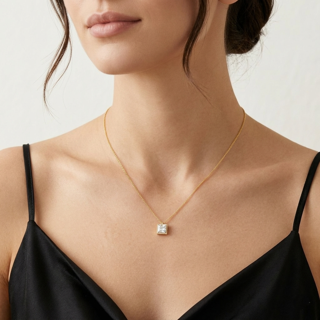 Radiant Square Halo Pendant Necklace