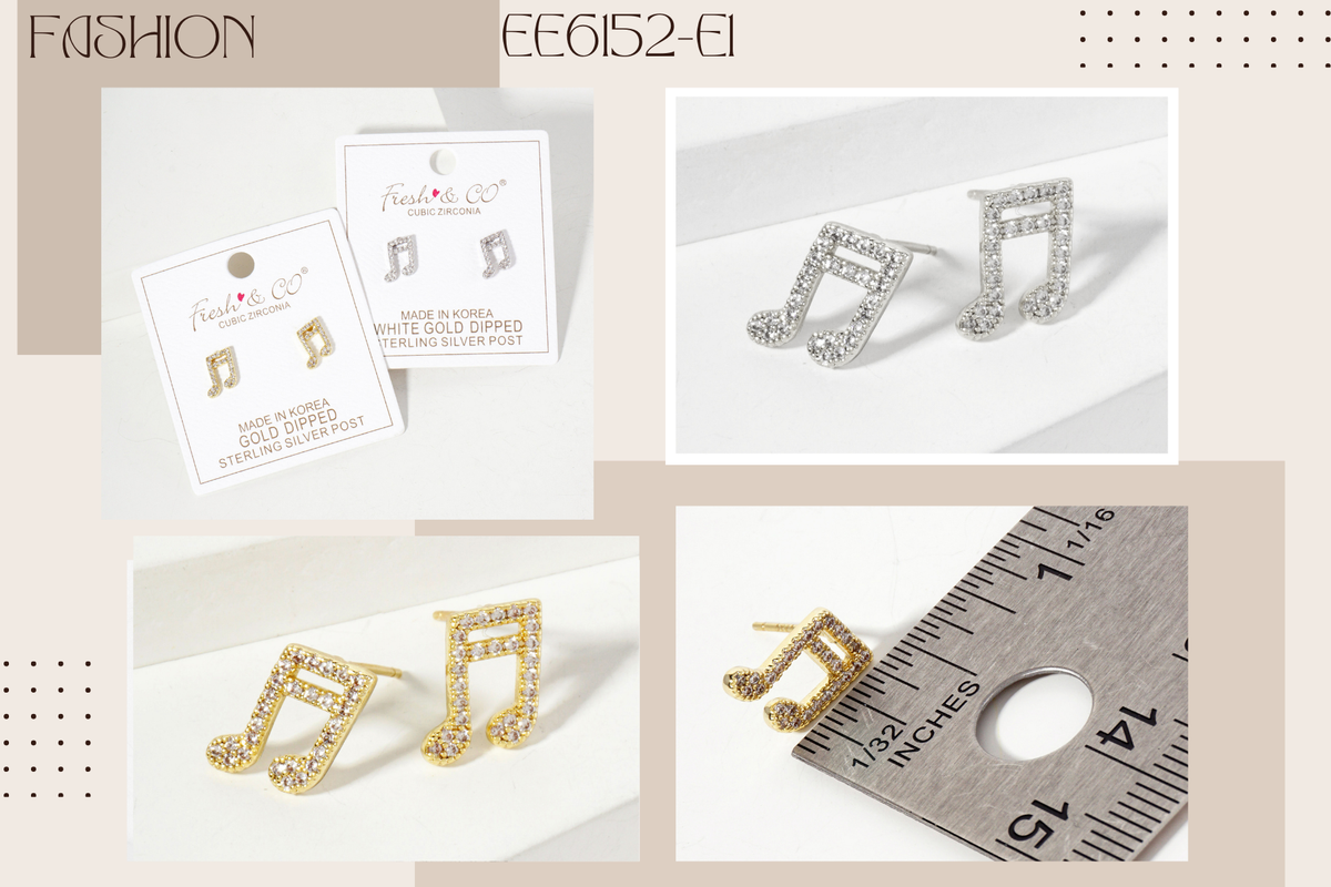 Pave-Set 11mm Musical-Note Brass Stud Earrings