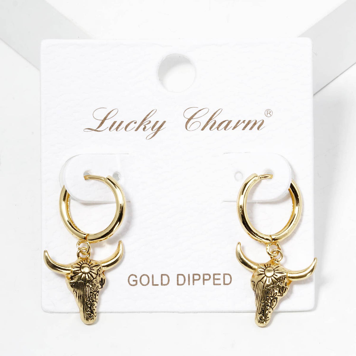 Western Bull Skull Charm Huggie Hoop Earrings
