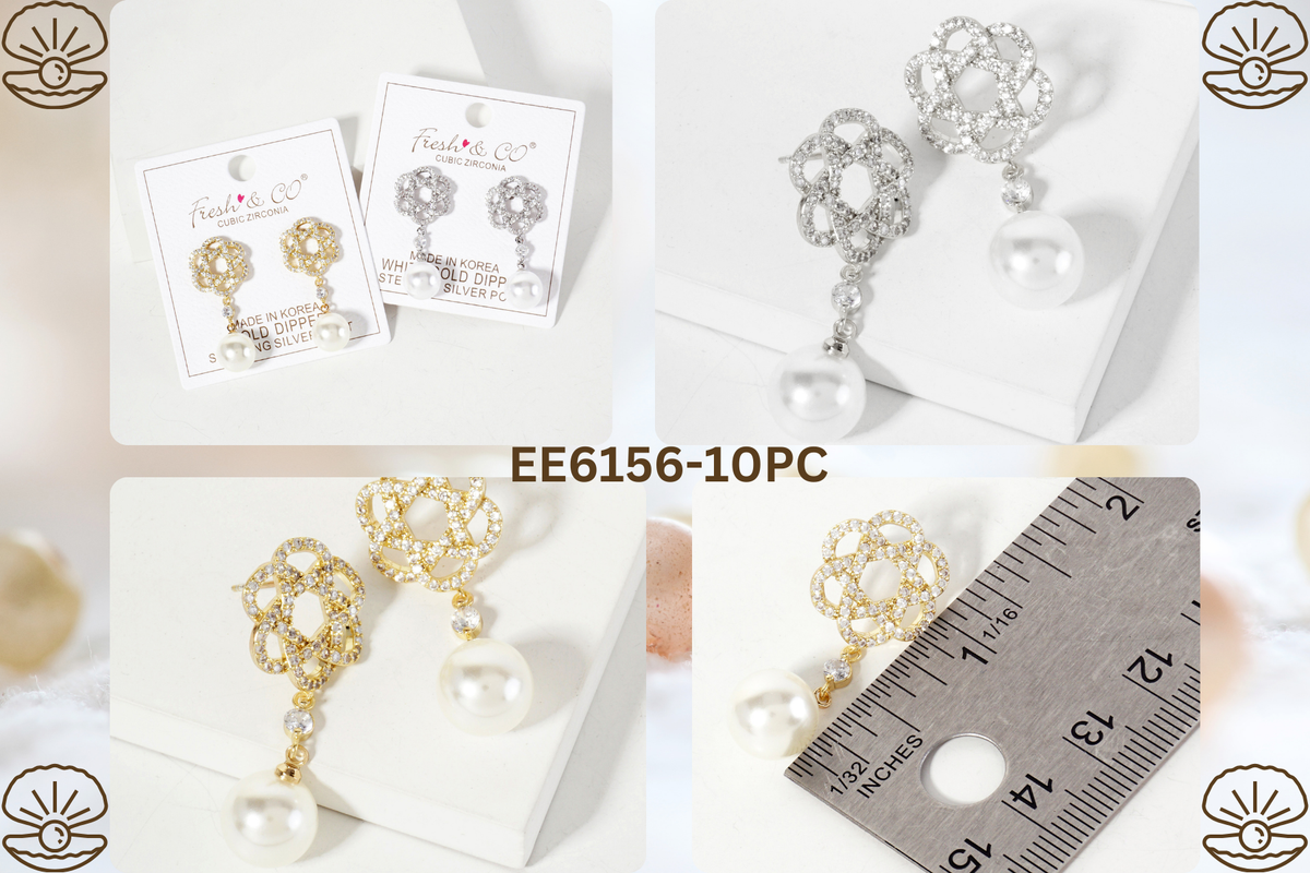 Botanical-Theme 10mm Pearl Drop Pave-Set Gold-Dipped Earring