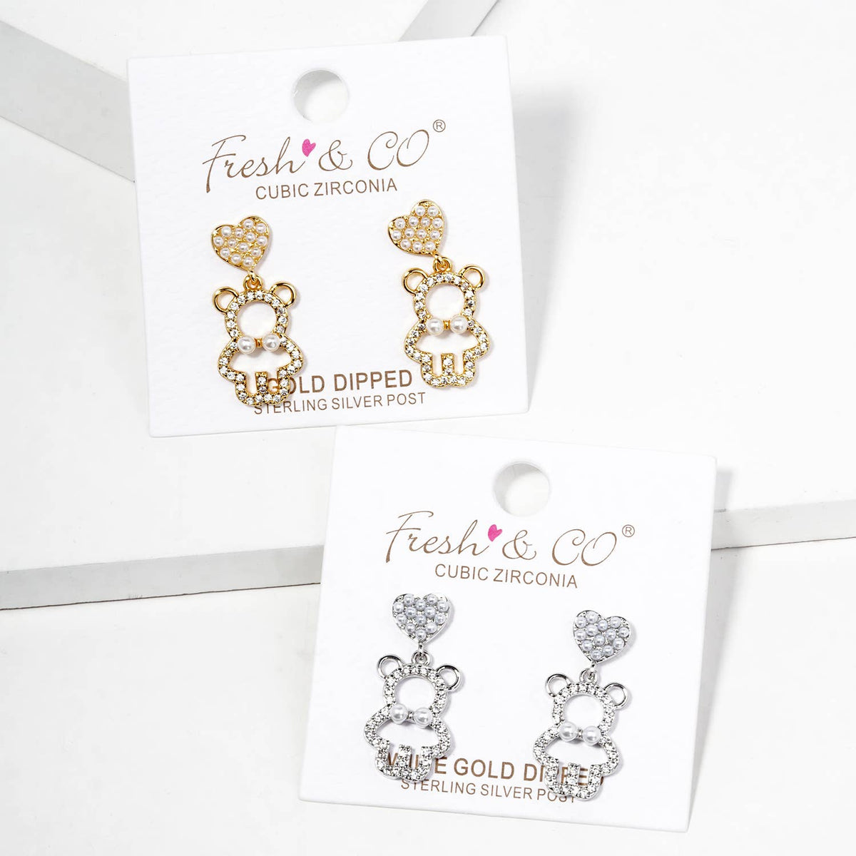 Cubic Zirconia Pearl Heart Bear Dangle Earrings
