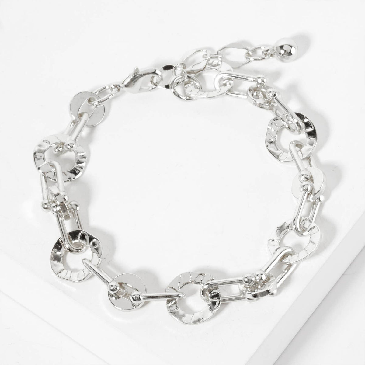 Polished Brass Textured Circle Links with Chain Bracelet