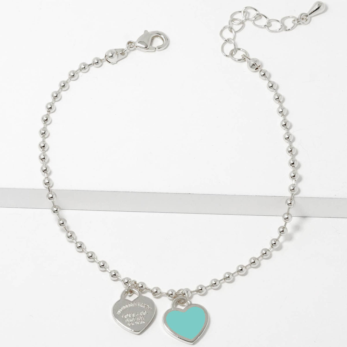 Double Heart Charm Bead Chain Bracelet - Gold & White Gold D