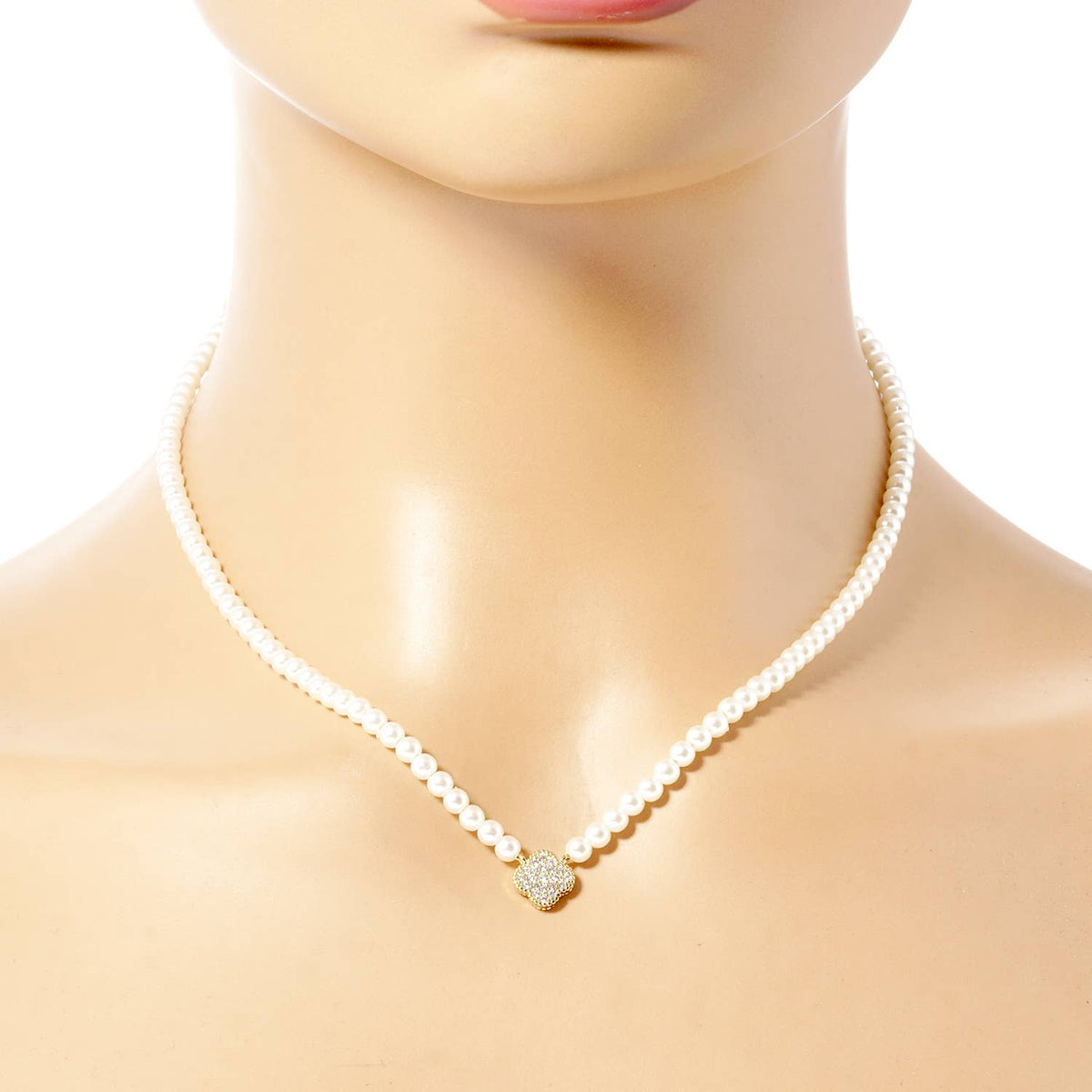 18K Gold Dipped CZ Quatrefoil Pendant Pearl Necklace