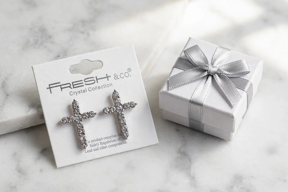 Big Crystal Cross Stud Earrings – Bold Round-Crystal Cross,