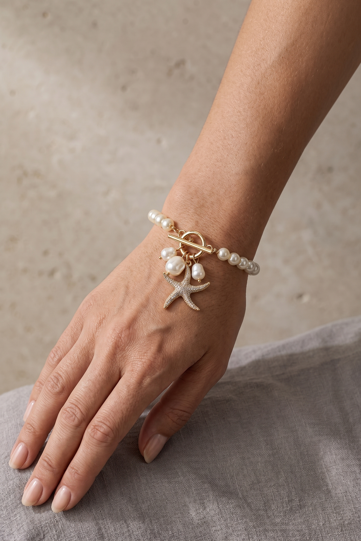 Pearl & Starfish Charm Toggle Bracelet