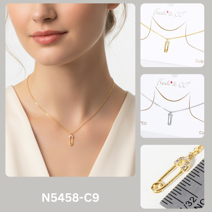 Dainty Cubic Zirconia Safety Pin Pendant Necklace