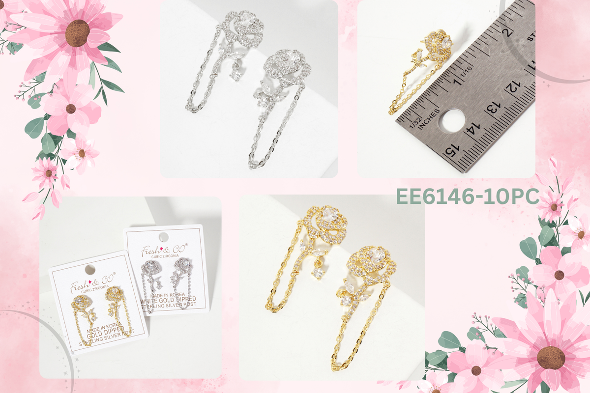 Botanical-Theme Pave-Set Rose Drop Earrings