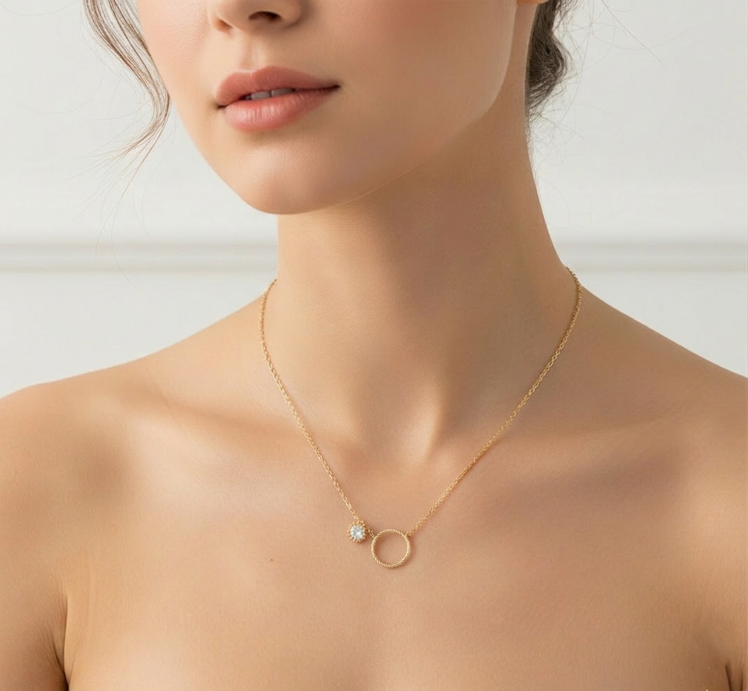 Twisted Circle and CZ Crystal Solitaire Pendant Necklace