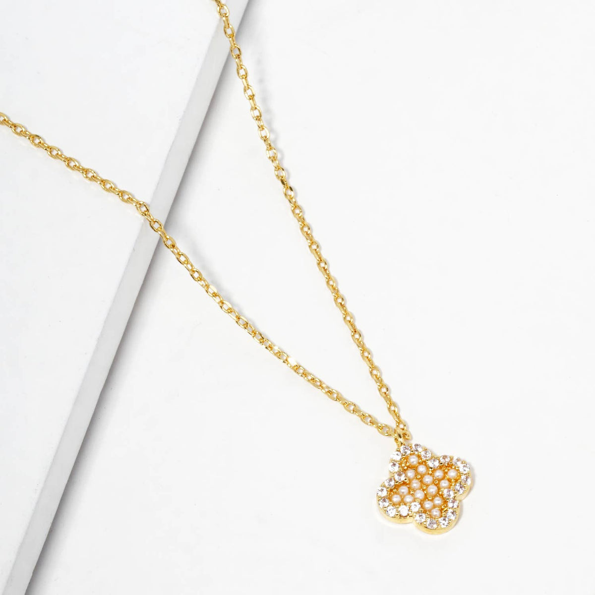 Crystal and Faux Pearl Clover Pendant Necklace