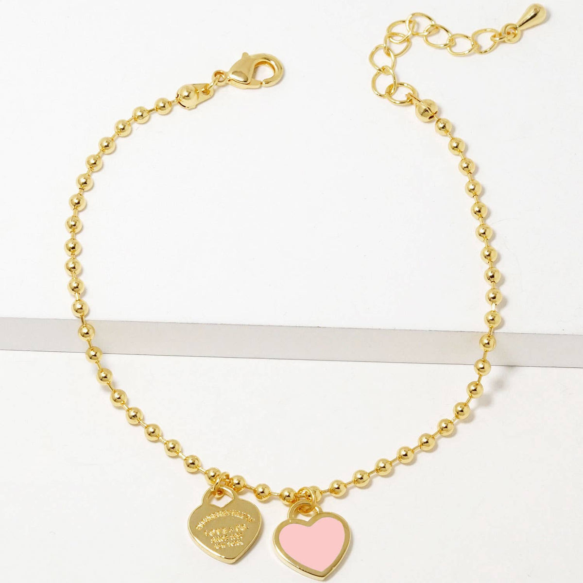 Double Heart Charm Bead Chain Bracelet - Gold & White Gold D