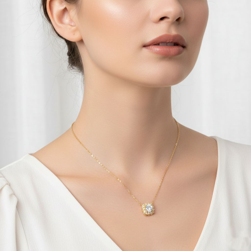 Dainty Cubic Zirconia Cushion Halo Bridesmaid Necklace