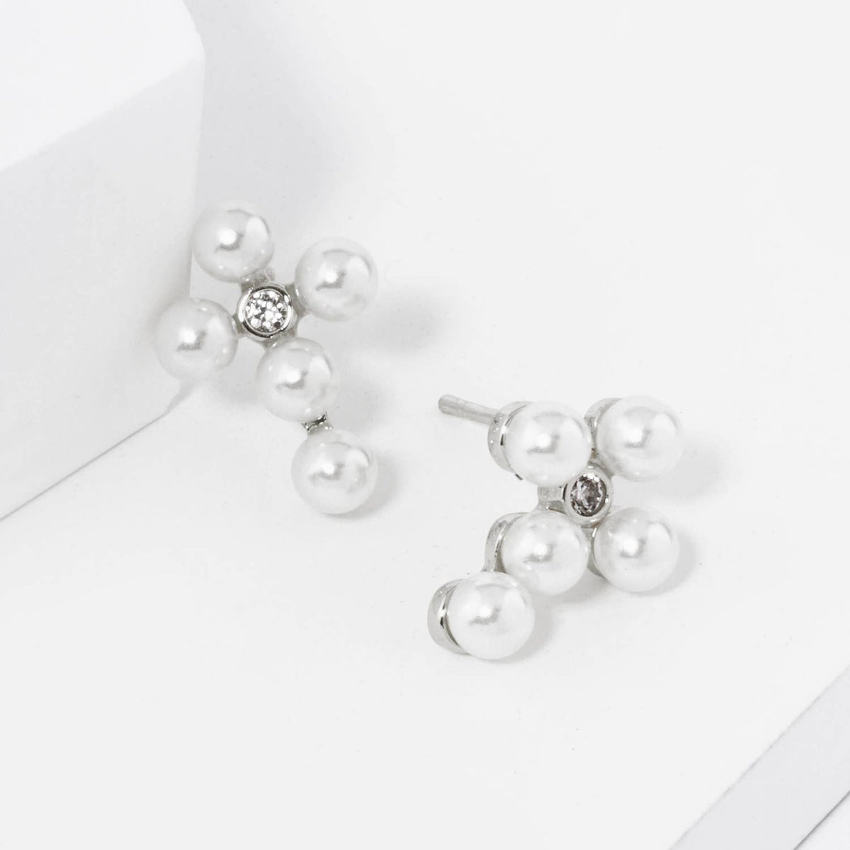 18K GOLD DIPPED 4MM PEARL BEADED CROSS STUD EARRINGS