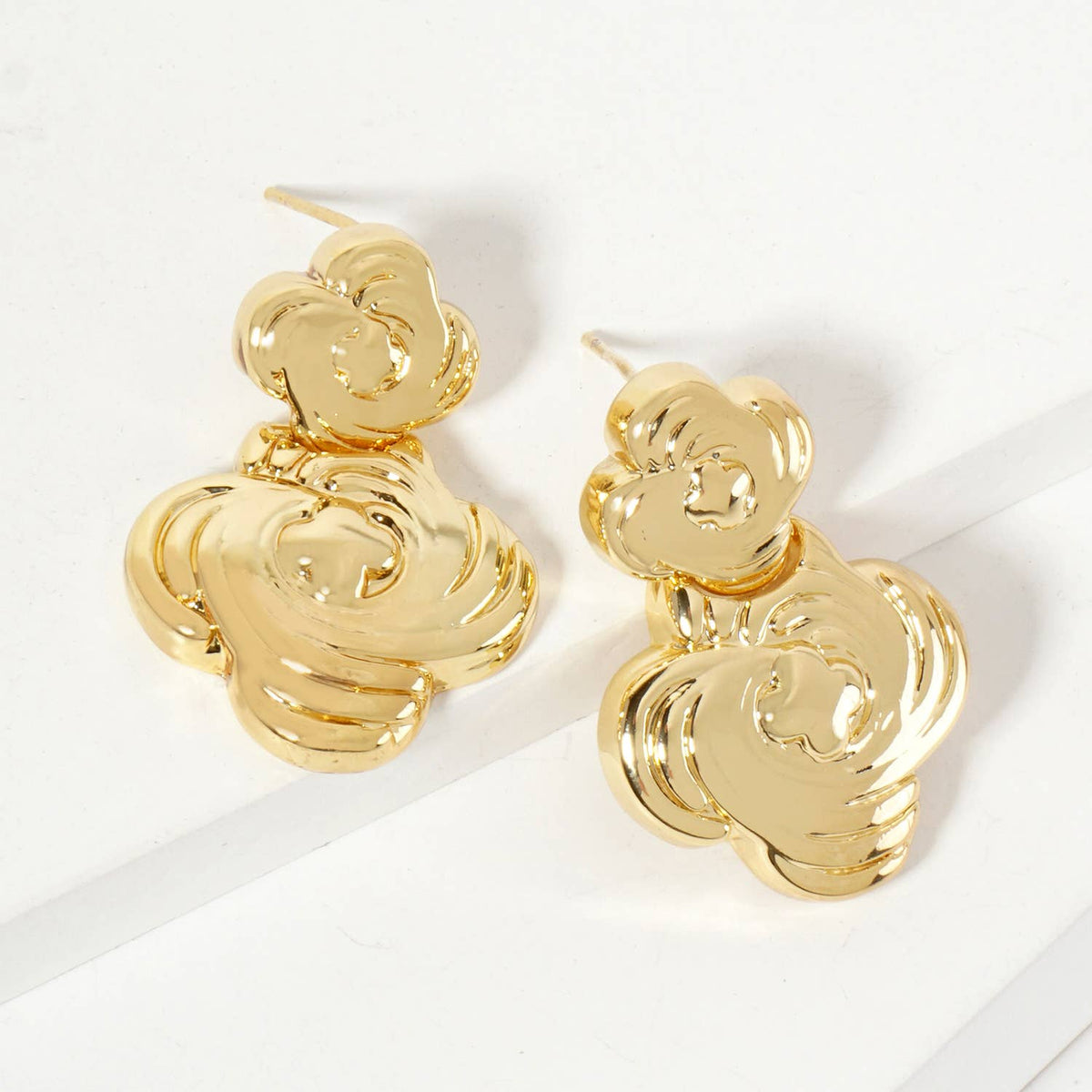 Polished Brass Textured Double Quatrefoil Dangle Earrings