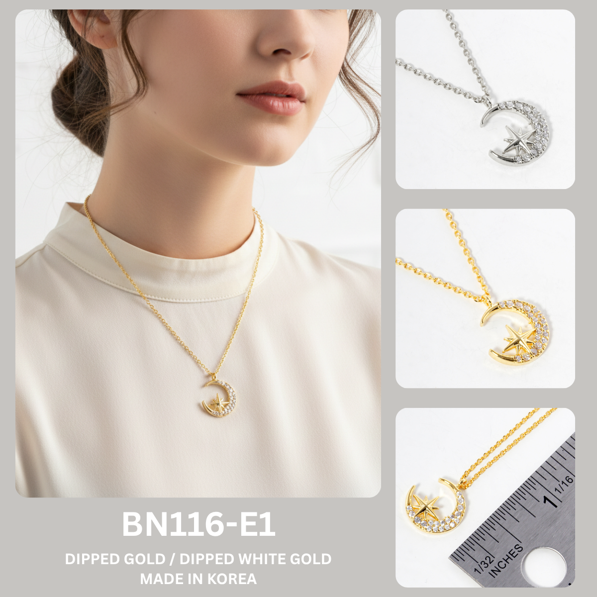 Celestial Crescent Moon and North Star Pendant Necklace