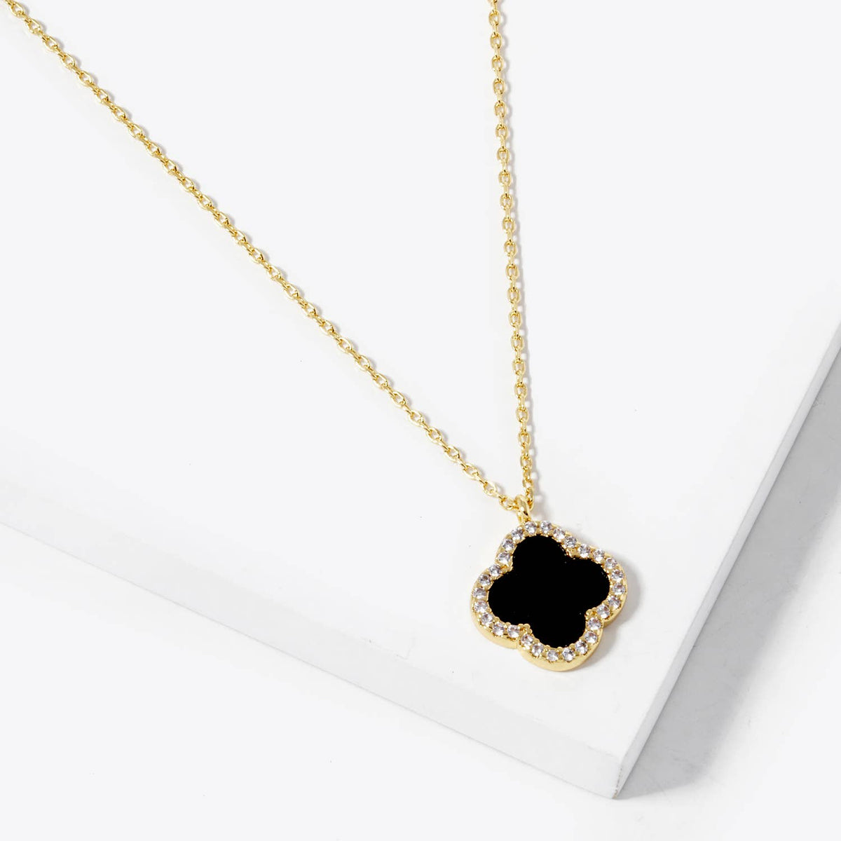 Pavé Border Four-Leaf Clover Pendant Necklace