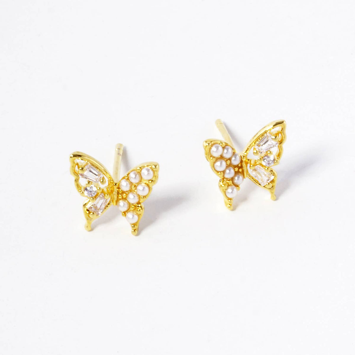 Dainty Pave Butterfly Stud Earrings with Pearl Accents