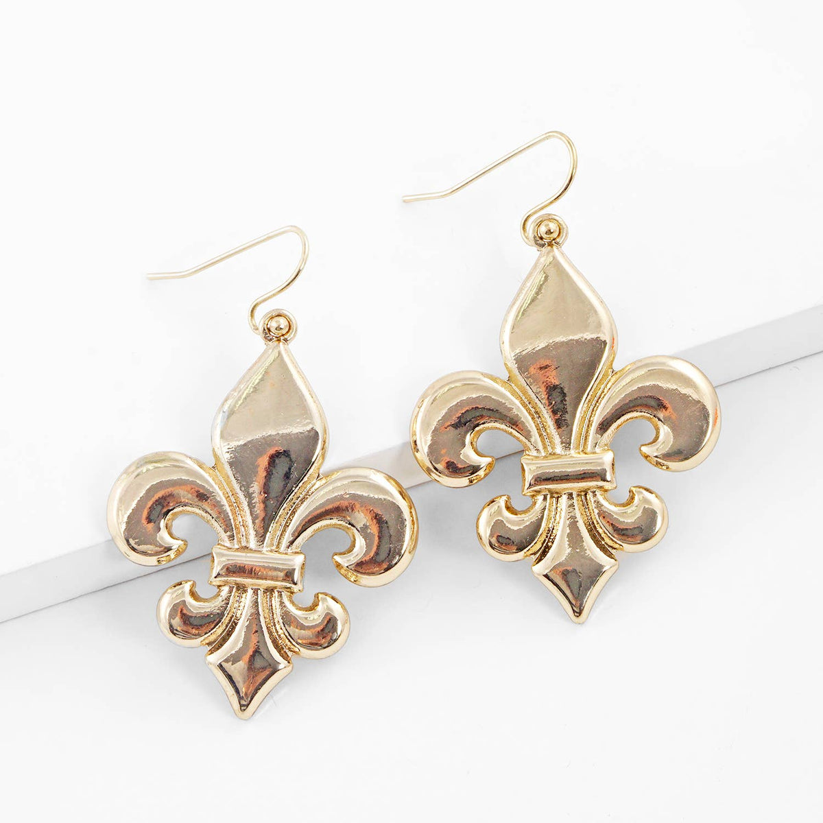 Gold Plated Bold Fleur De Lis Dangle Earrings