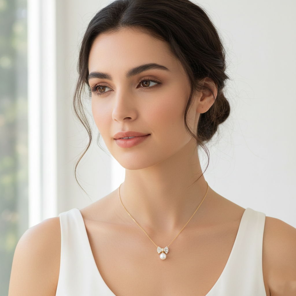 Cubic Zirconia Bow and Pearl Drop Pendant Necklace