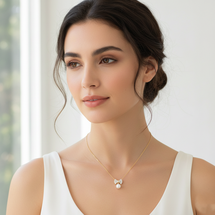 Cubic Zirconia Bow and Pearl Drop Pendant Necklace