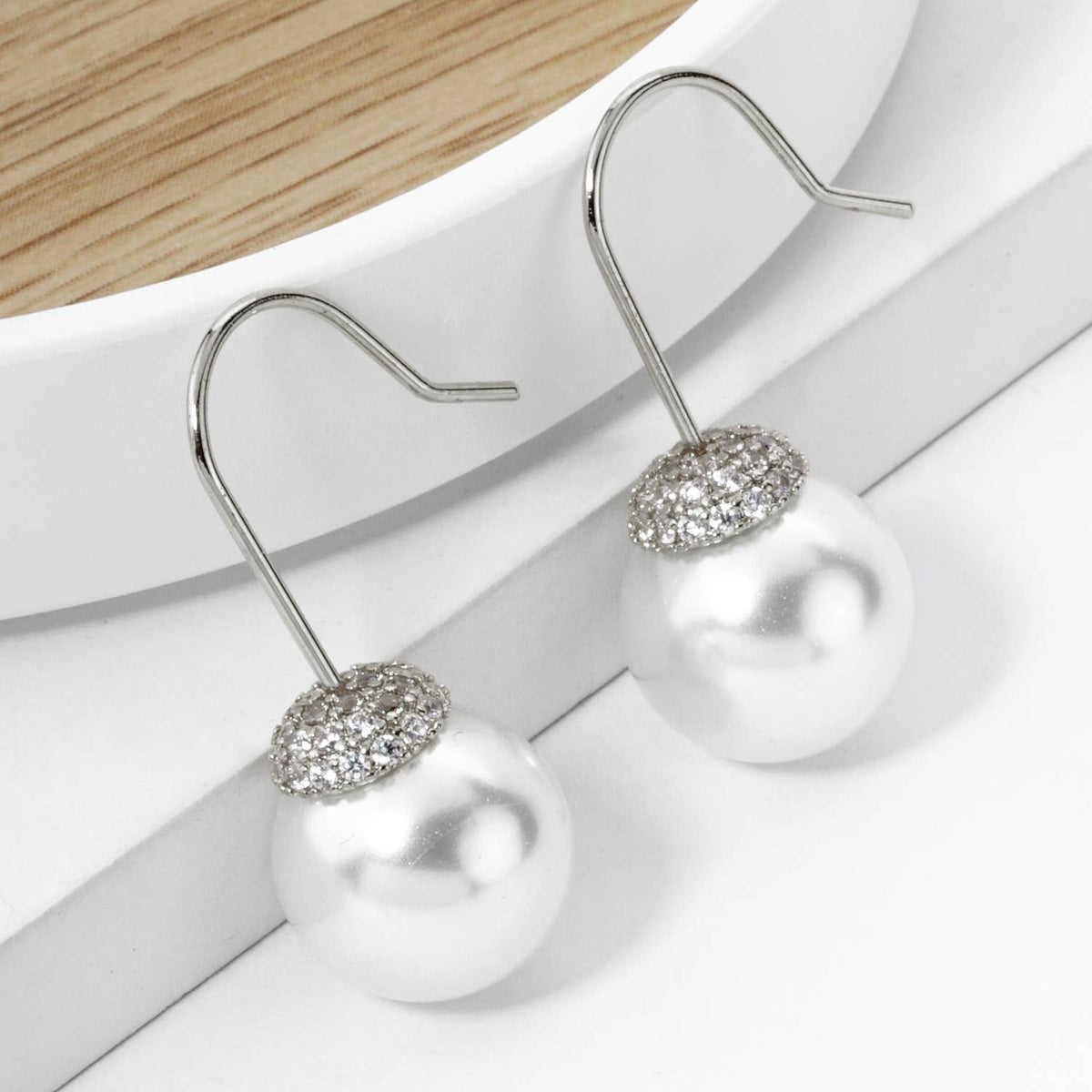 18K GOLD DIPPED CUBIC ZIRCONIA PAVE 10MM PEARL DROP EARRINGS