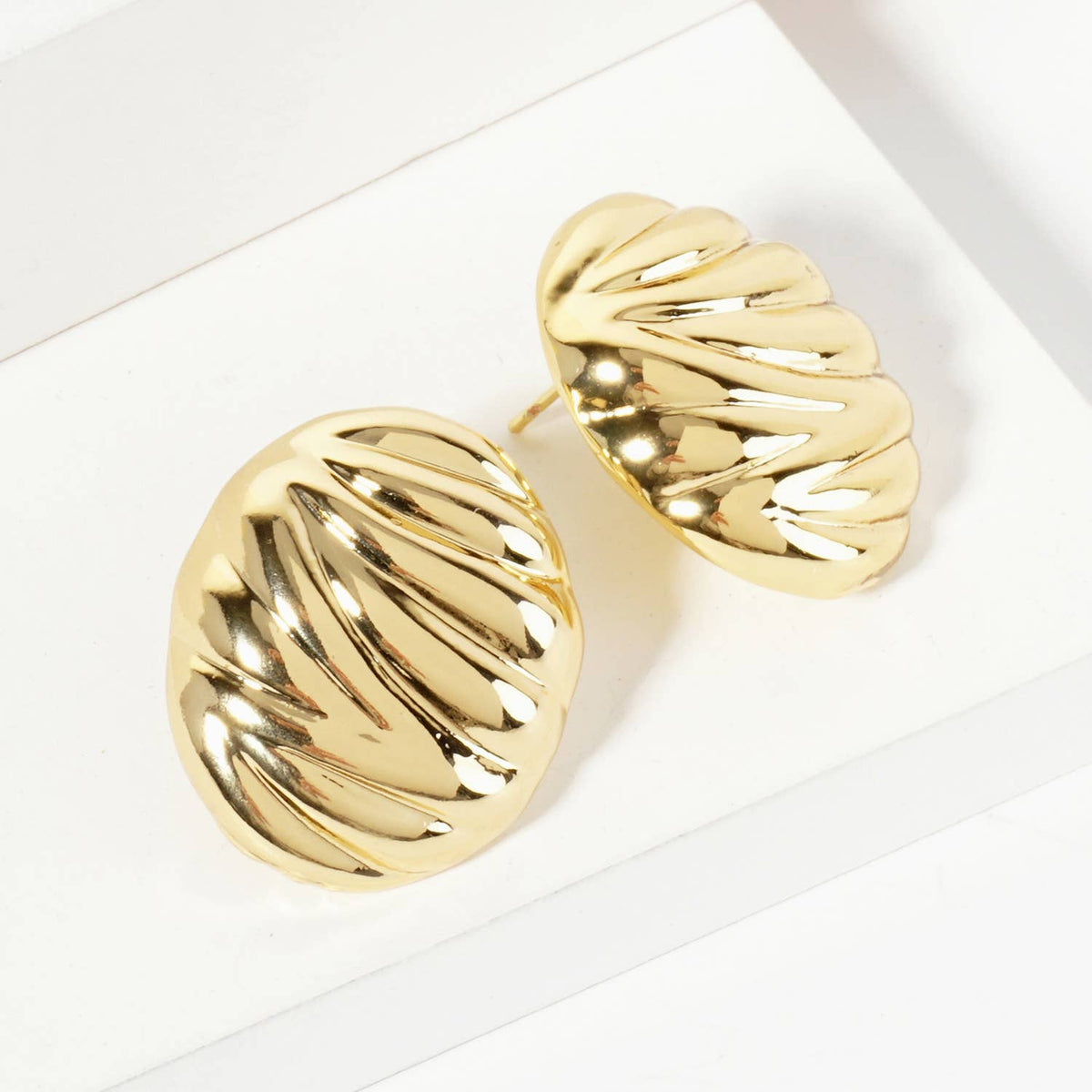 Brass Ribbed Oval-Shaped Stud Earrings
