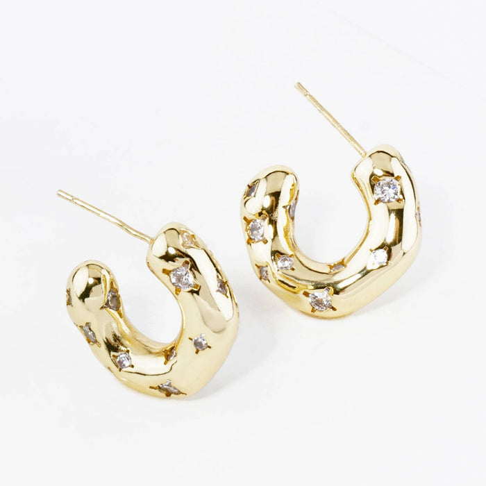 18K GOLD DIPPED CUBIC ZIRCONIA EMBEDDED 15MM ORGANIC HOOP