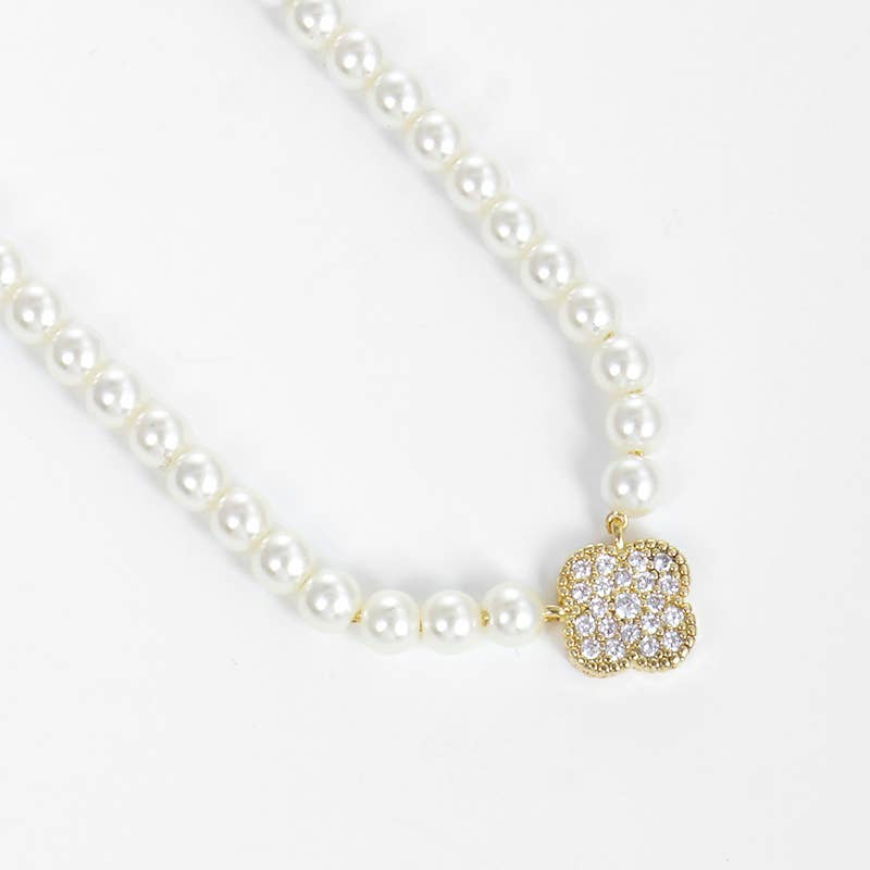 18K Gold Dipped CZ Quatrefoil Pendant Pearl Necklace