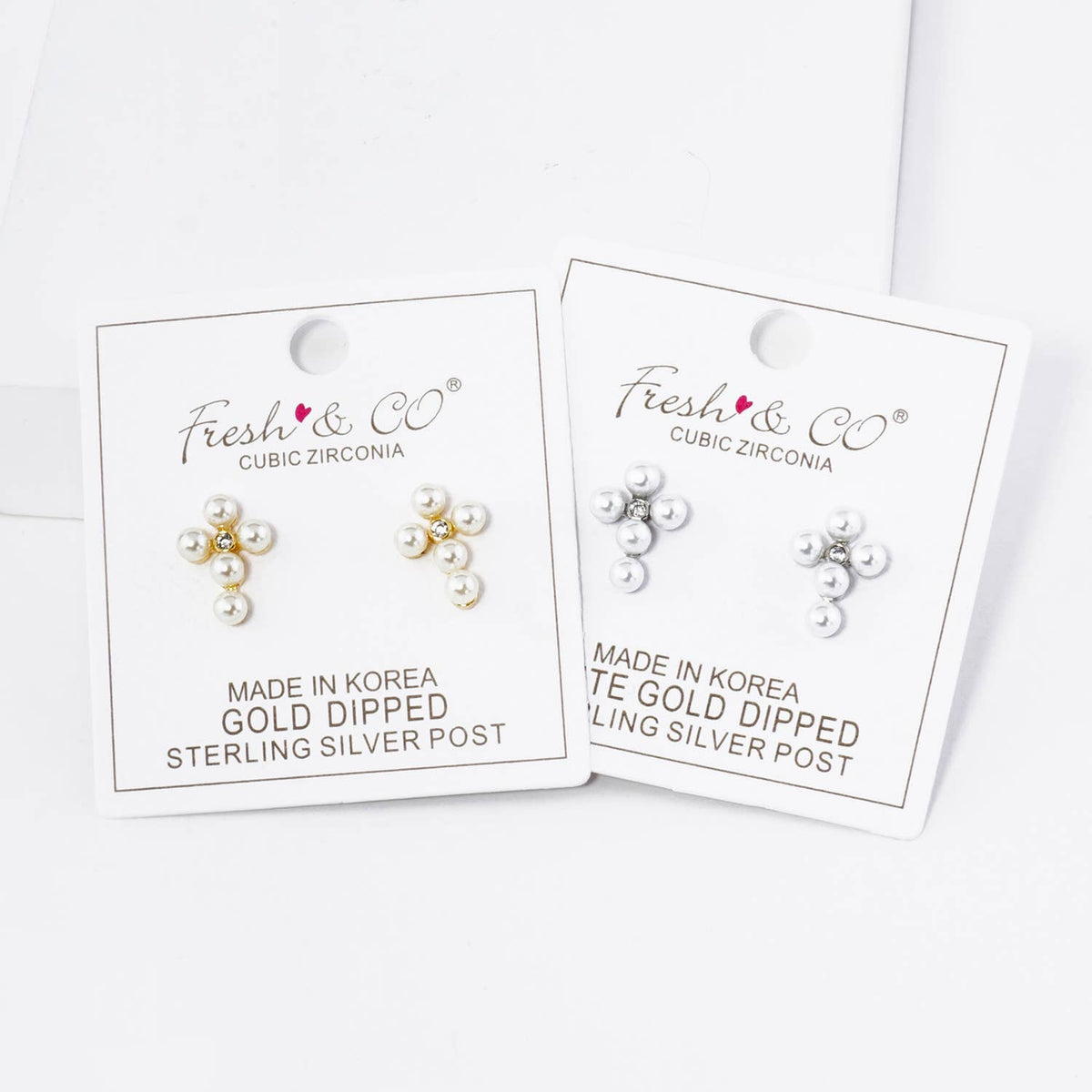 18K GOLD DIPPED 4MM PEARL BEADED CROSS STUD EARRINGS