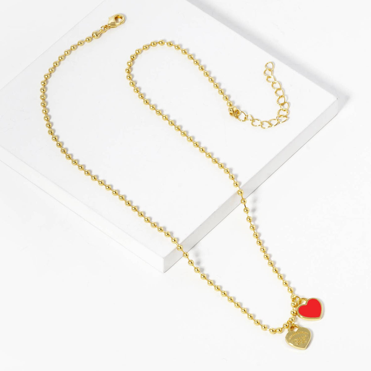 Double Heart Charm Bead Chain Necklace