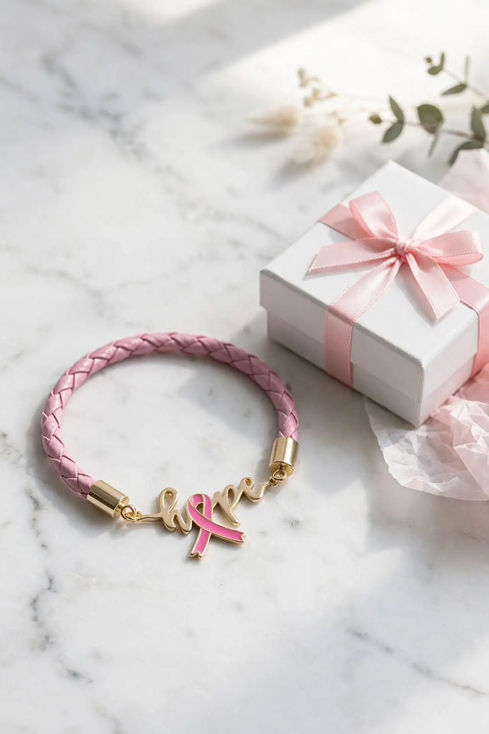 Hope Pink Ribbon Bracelet – Gold-Dipped Braided Script Charm