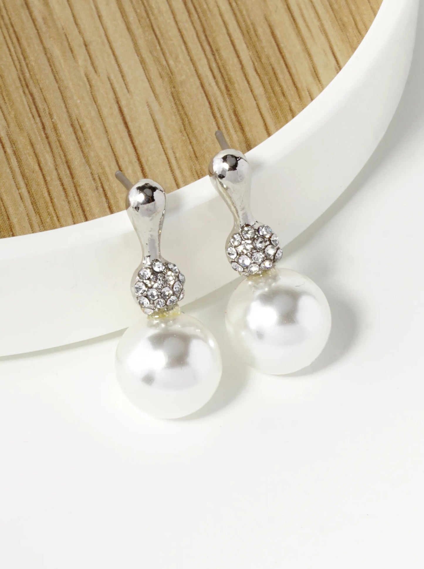 9mm Pearl Drop 21mm Crystal Pave Stud Earrings