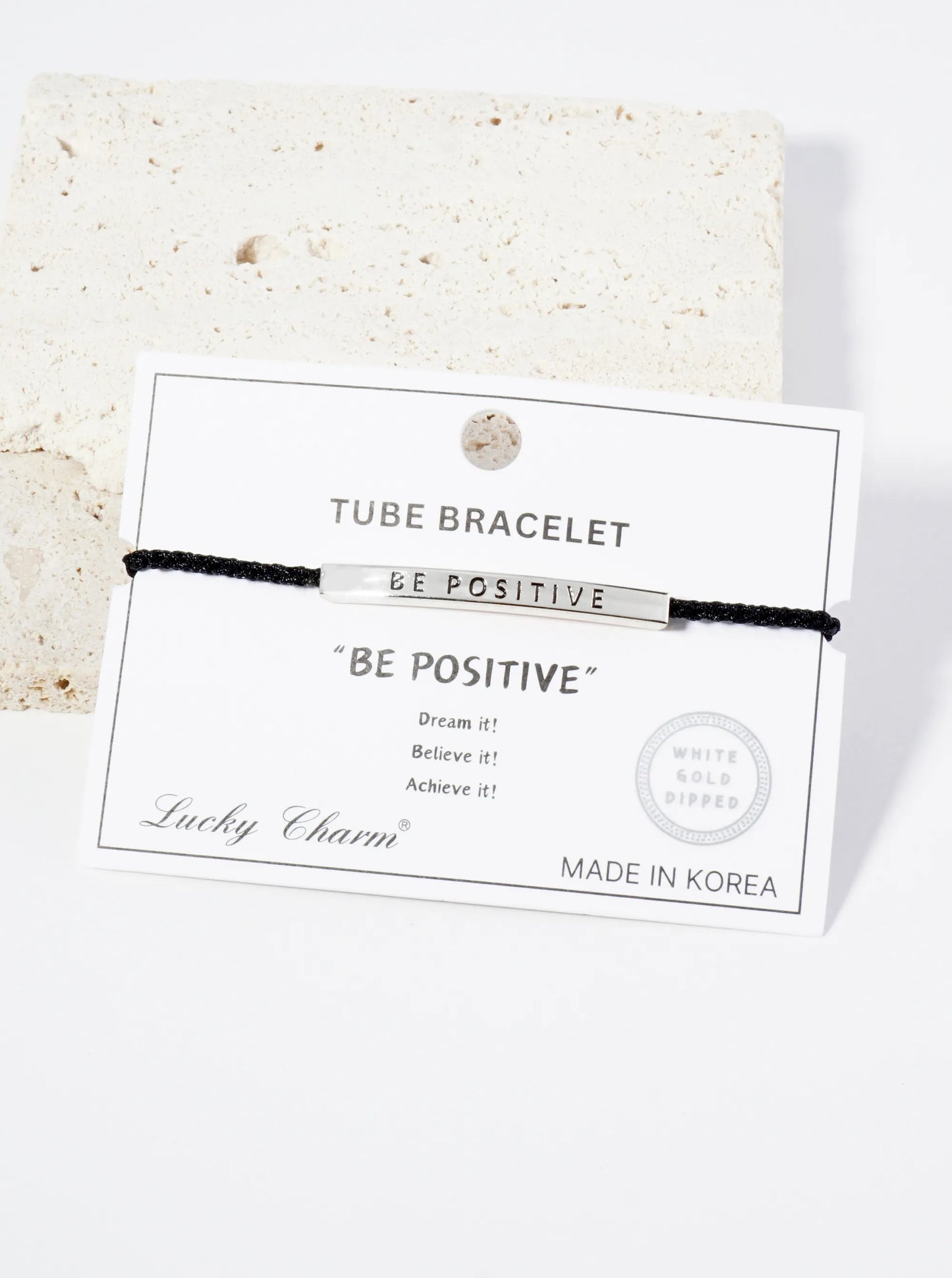 Be Positive Engraved 18K Gold Dipped Curved Brass Tube Bar Adjustable Pull Tie Bracelet