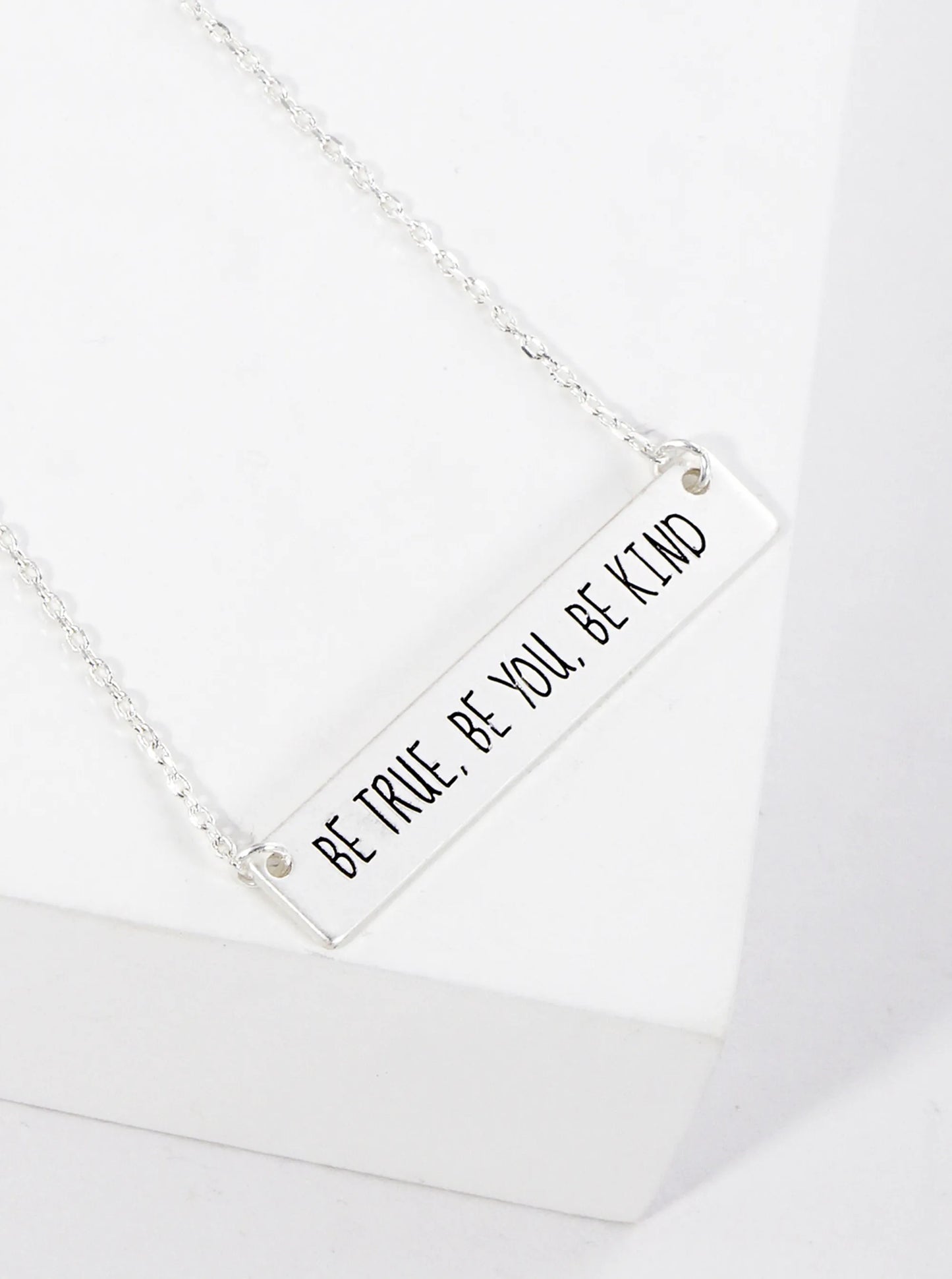 Be True Be You Be Kind Engraved Horizontal Bar Pendant Necklace