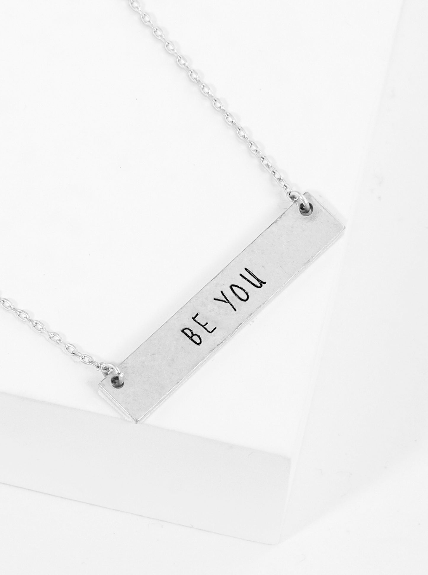 Be You Engraved Horizontal Bar Pendant Necklace