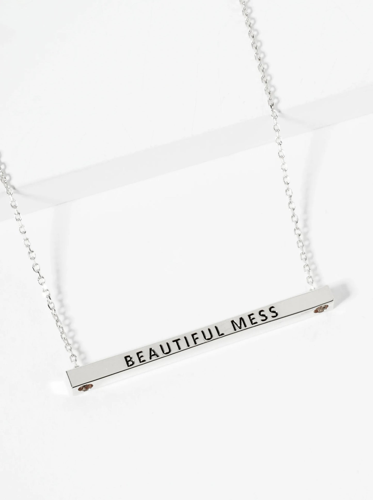 Beautiful Mess Engraved 18K Gold Dipped Horizontal Brass Bar Pendant Inspirational Necklace