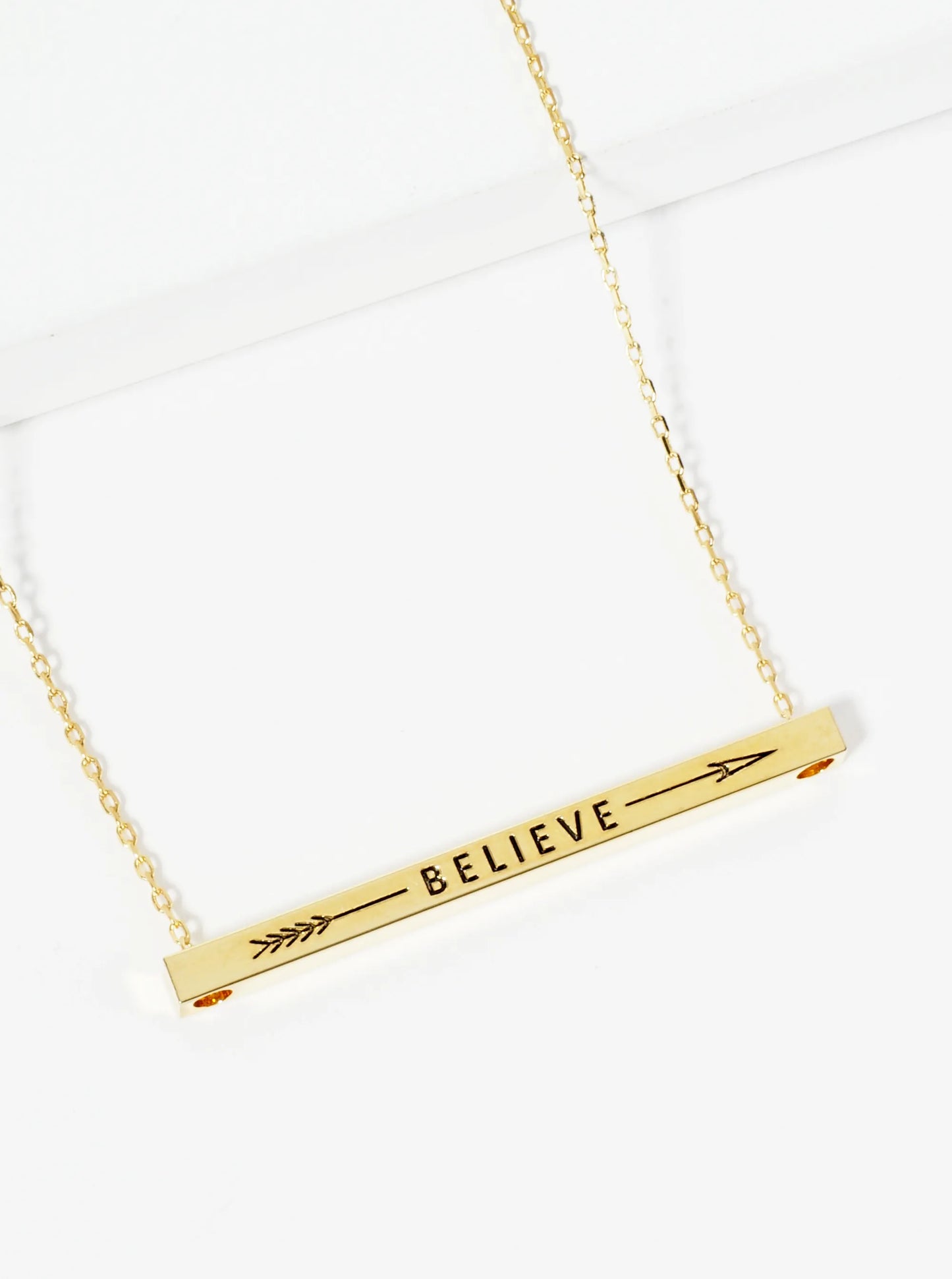 Believe Arrow Engraved 18K Gold Dipped Horizontal Brass Bar Pendant Inspirational Necklace