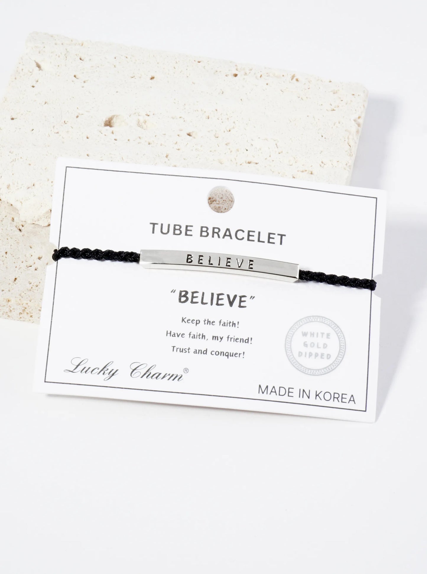 Believe Engraved 18K Gold Dipped Curved Brass Tube Bar Adjustable Pull Tie Bracelet