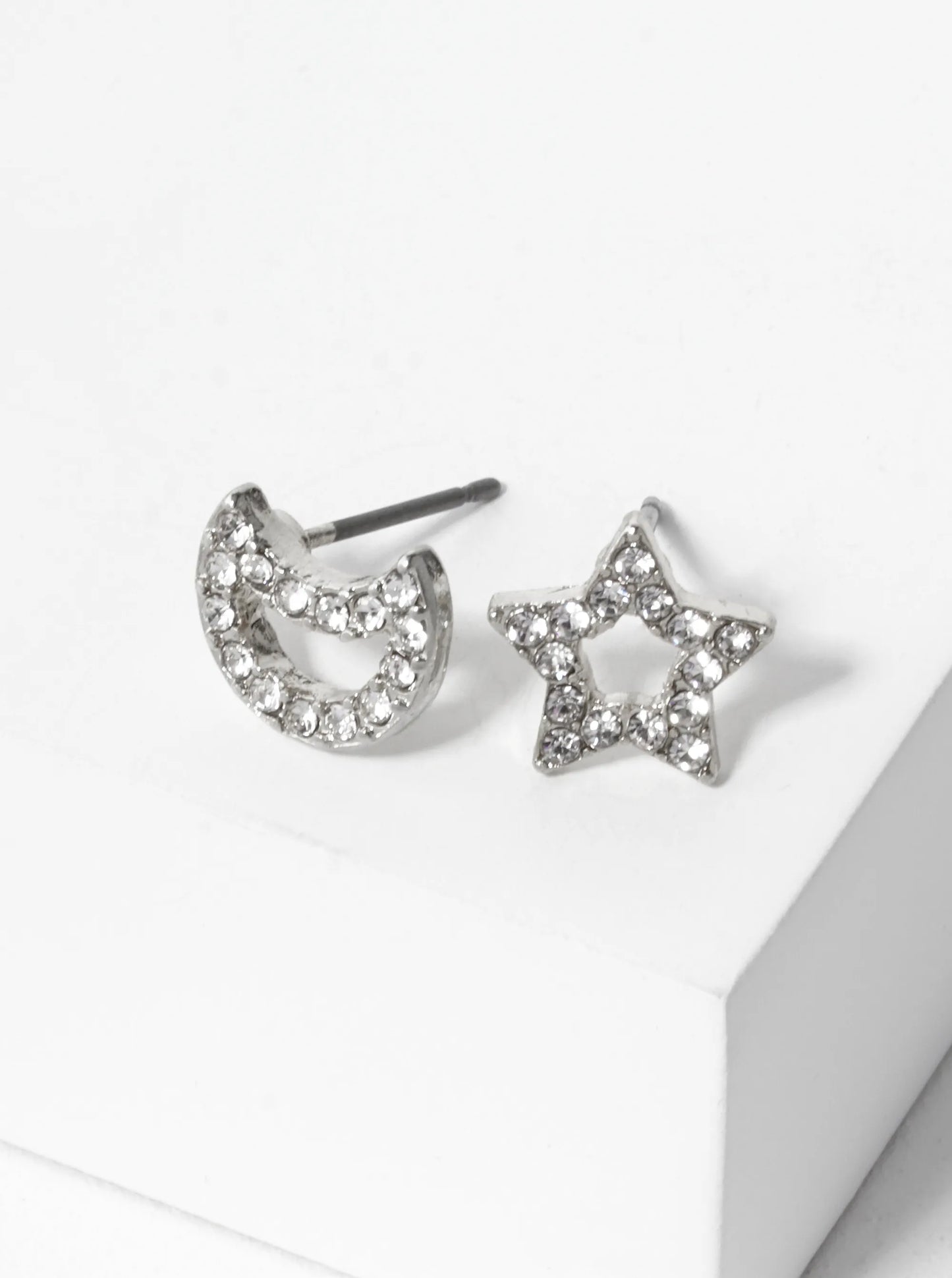 Crystal Pave 10mm Star And Moon Asymmetrical Stud Earrings