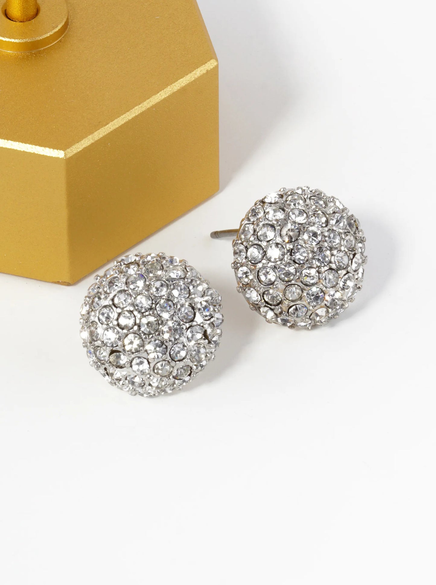 Crystal Pave 14mm Puffy Round Button Stud Earrings