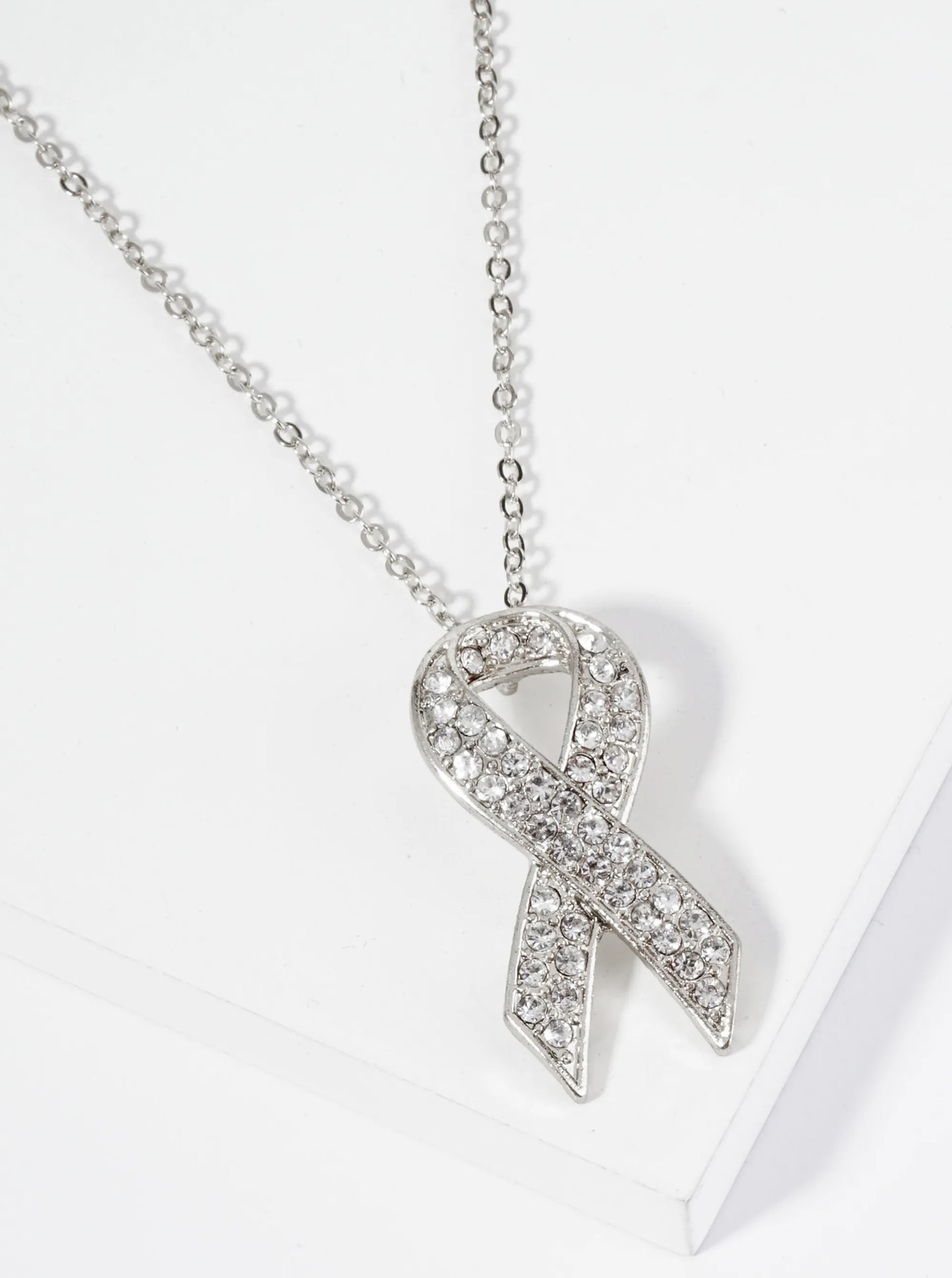 Crystal Pave Pink Ribbon Pendant Necklace