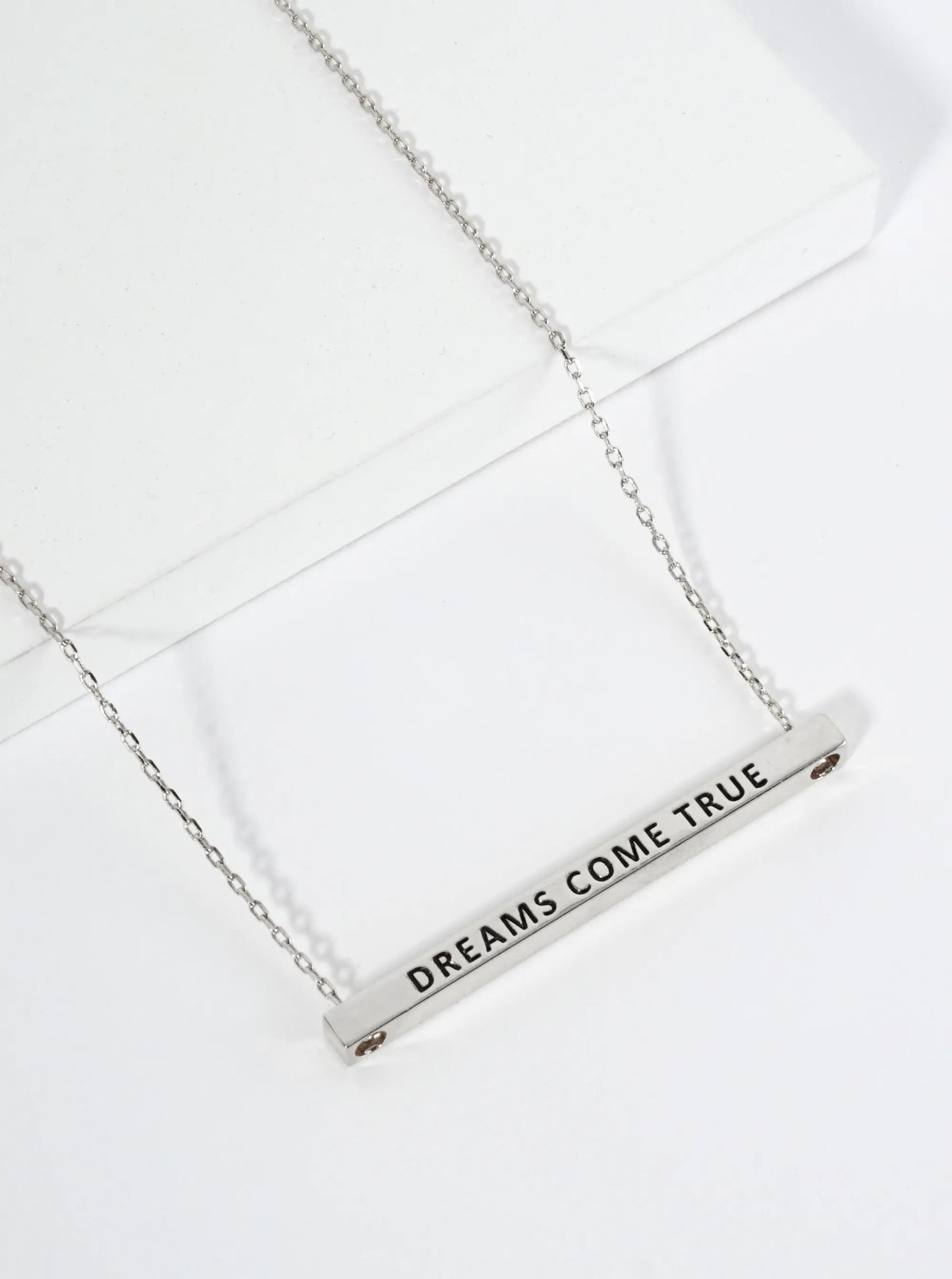 Dreams Come True Engraved 18K Gold Dipped Horizontal Brass Bar Pendant Inspirational Necklace