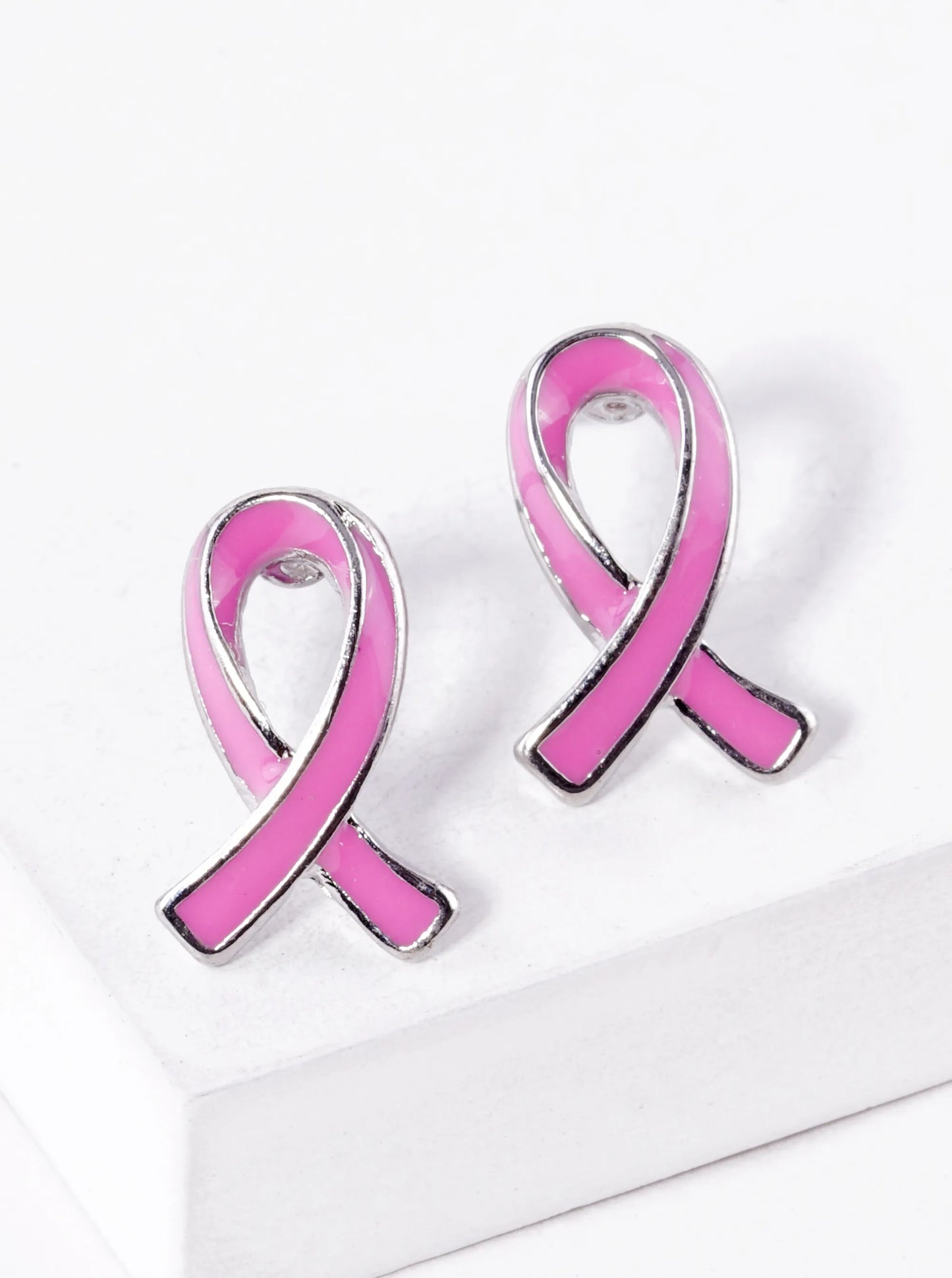 Enamel Filled Pink Ribbon Stud Earrings