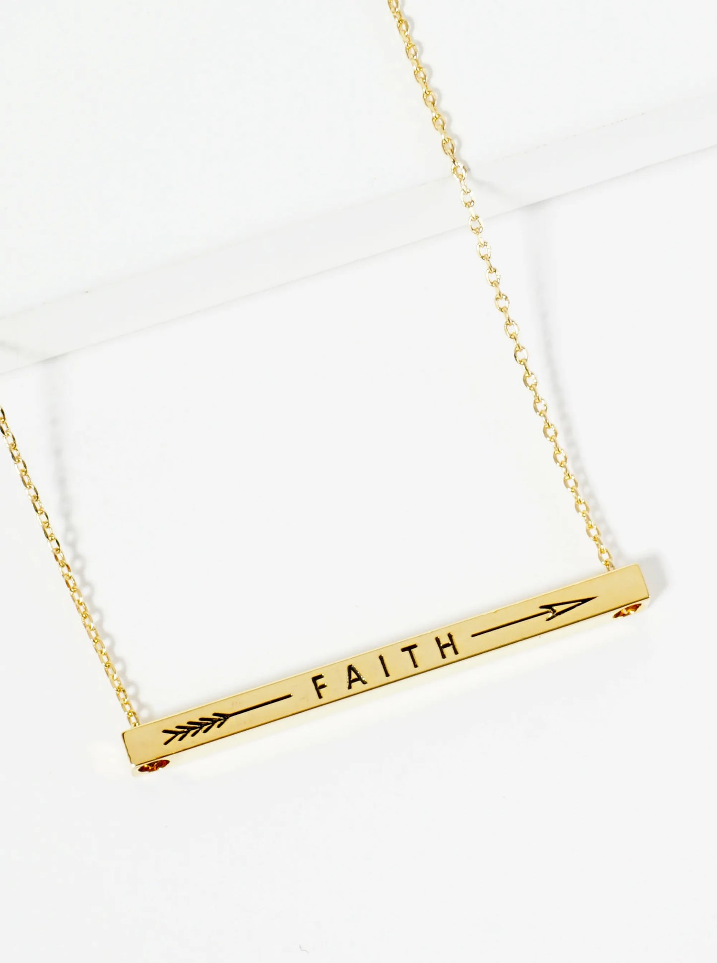Faith Arrow Engraved 18K Gold Dipped Horizontal Brass Bar Pendant Inspirational Necklace