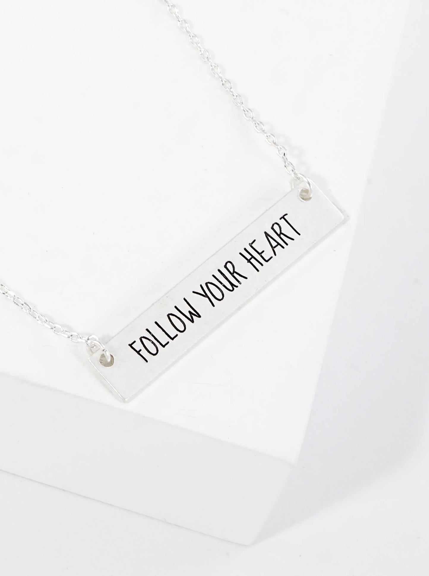 Follow Your Heart Engraved Horizontal Bar Pendant Necklace