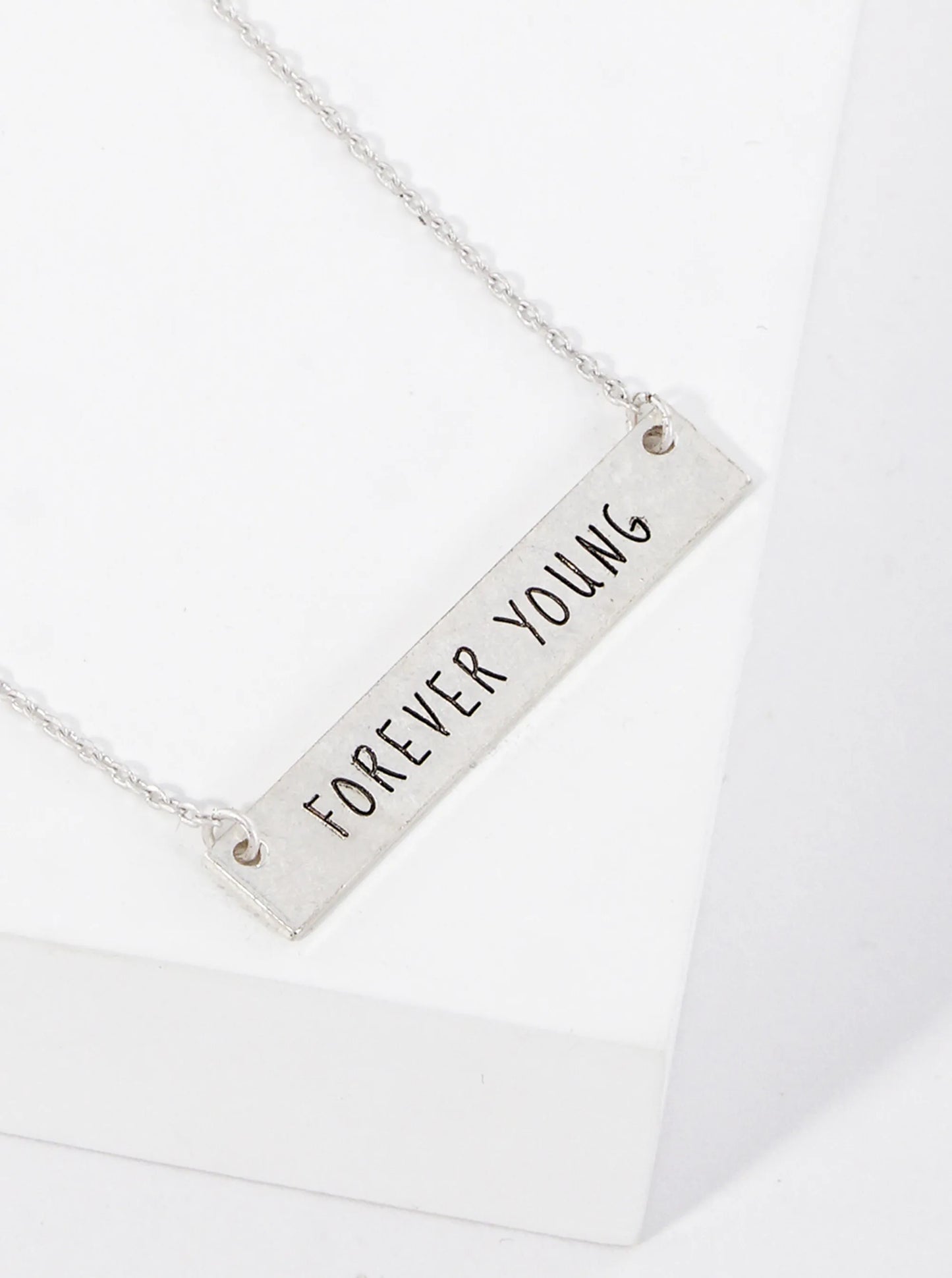 Forever Young Engraved Horizontal Bar Pendant Necklace
