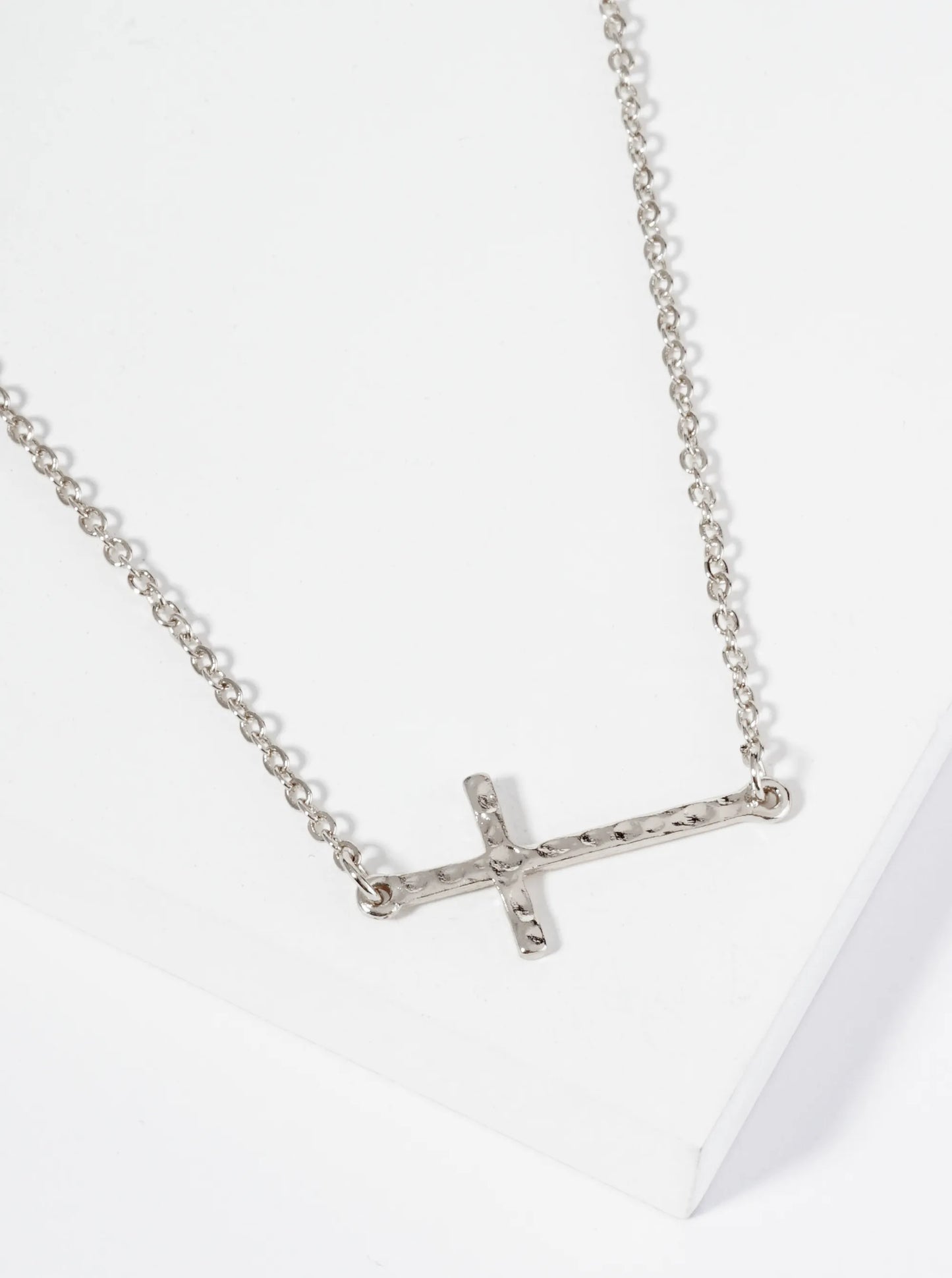 Hammered Metal 1 Inch Sideways Cross Pendant Necklace