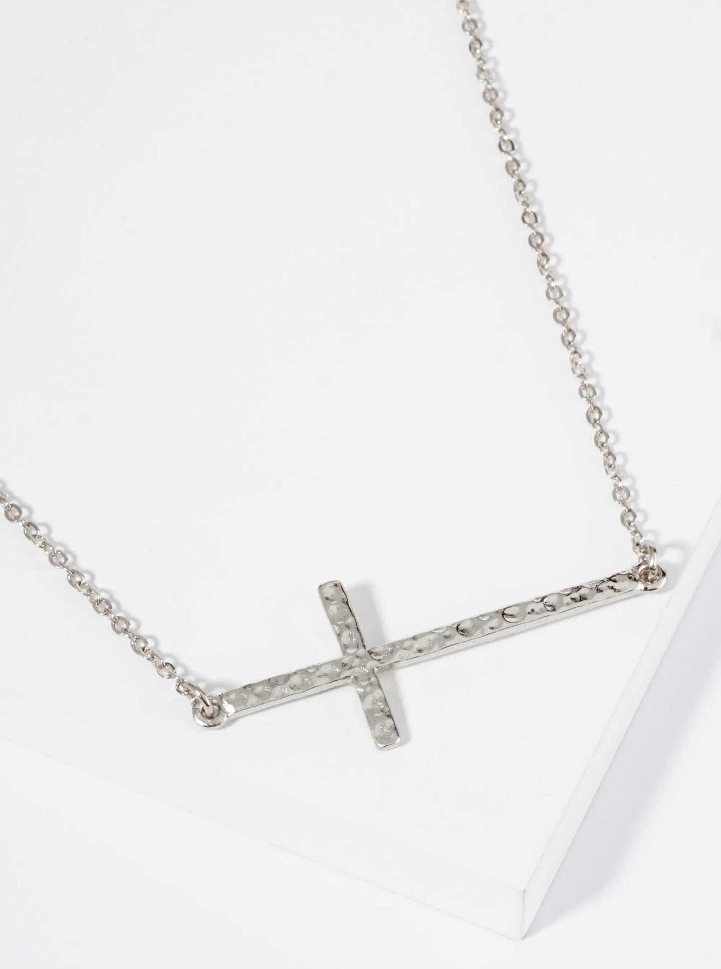 Hammered Metal Sideways Cross Pendant Necklace