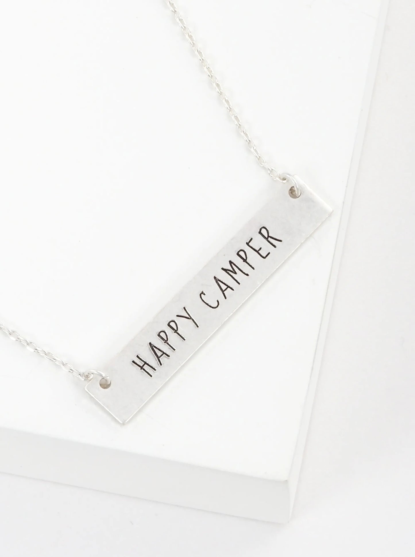 Happy Camper Engraved Horizontal Bar Pendant Necklace