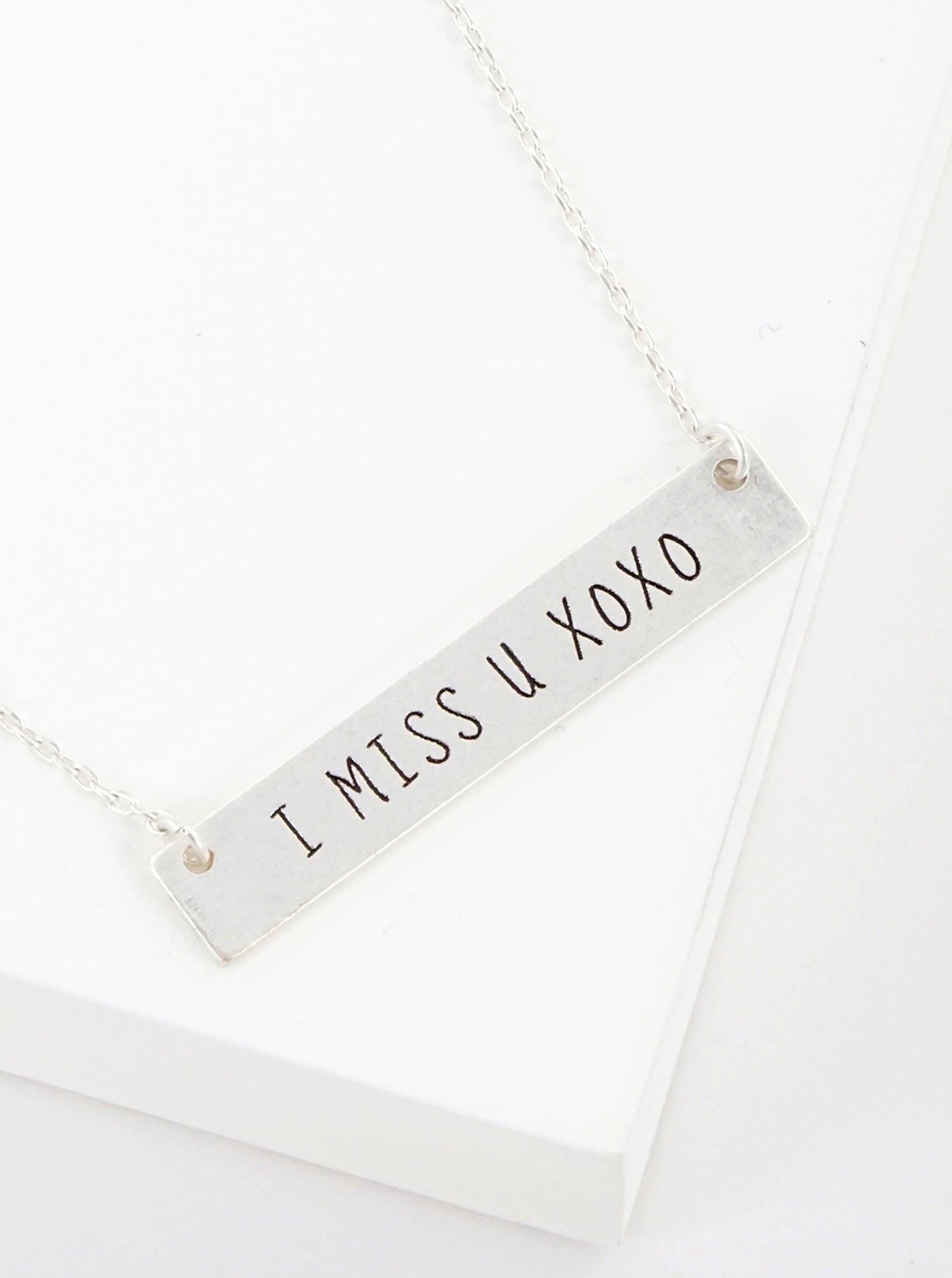 I Miss U Xoxo Engraved Horizontal Bar Pendant Necklace